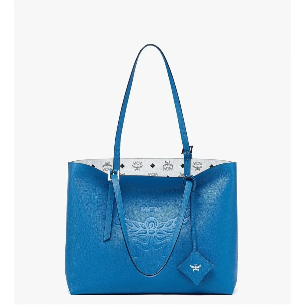 MCM Tote Himmel Shopper Embossed Logo Leather New Munich Blue NWT full inclusion - Picture 14 of 17